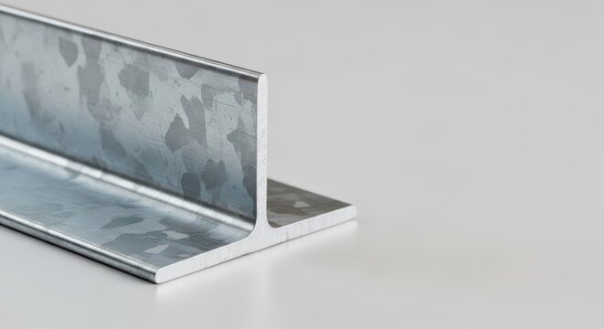 Close up of galvanized steel angle material used in industrial structural frameworks and building construction projects on a plain background, galvanized, object, hardware