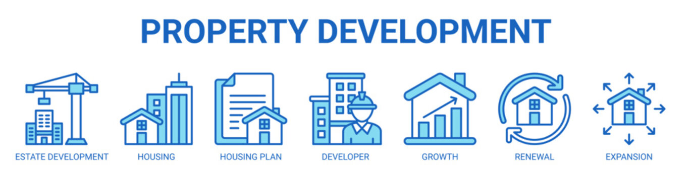 Property Development web banner icon vector illustration concept with icon of estate development, housing, housing plan, developer, property growth, renewal, and expansion.