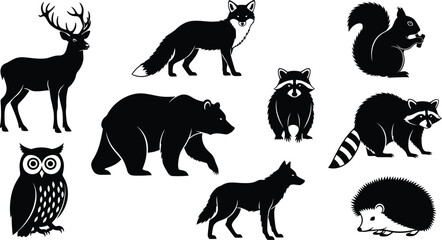 Obraz premium Silhouette of various forest animals in black on white background silhouette