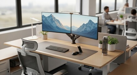 Fototapeta na wymiar Modern Office Workspace with Dual Monitors and Mountain View.