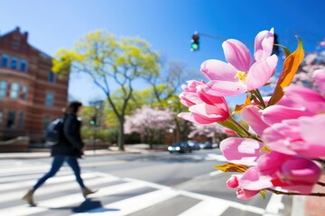 Vibrant pink blossoms foregrounding a sunny urban street with a pedestrian crossing at a crosswalk, capturing spring city life.