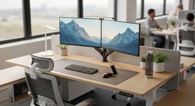 Modern Office Workspace with Dual Monitors and Mountain View.