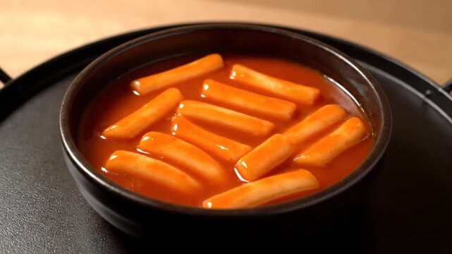 Delicious Korean Tteokbokki Ready to Be Enjoyed, A Savory and Spicy Rice Cake Dish Served in a Black Bowl