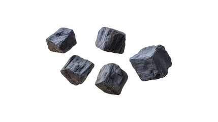 Obraz premium Five hardwood lump charcoal chunks floating in the air isolated on a plain background, ready for grilling