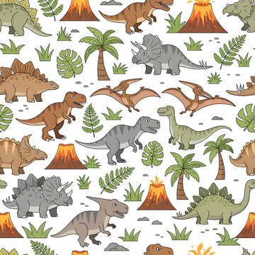 Seamless Dinosaur Pattern with Volcanoes and Tropical Plants 2.