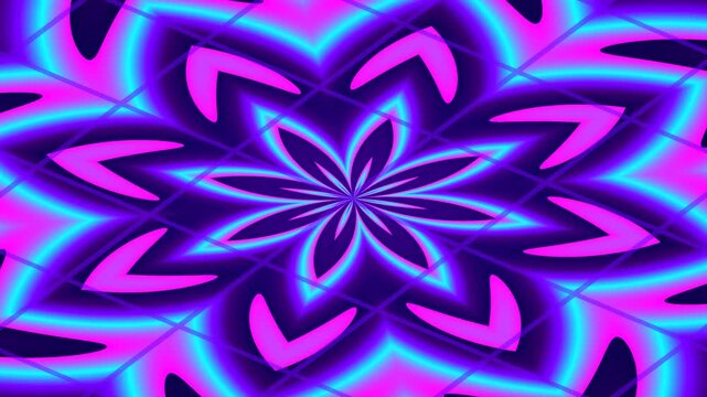 Vibrant neon kaleidoscope pattern with glowing pink and blue petals radiating from a central starburst in a digital abstract design.