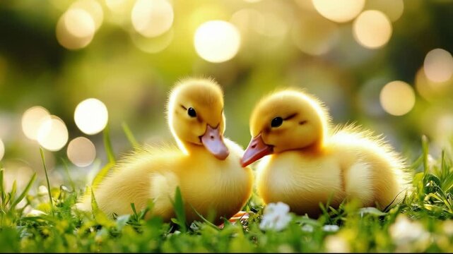 Two adorable baby ducks snuggle in a sunlit, grassy setting.