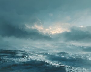 Obraz premium Dramatic ocean waves crashing under stormy sky with dark clouds and sunlight breaking through in a powerful seascape scene