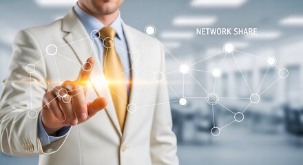 Businessman Touching Digital Network Interface &ndash; Global Communication and Technology Concept