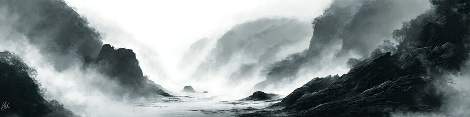 Obraz premium Dramatic black and white landscape scene of rugged mountains and cloudy sky with mist and water spray creating intense natural atmosphere