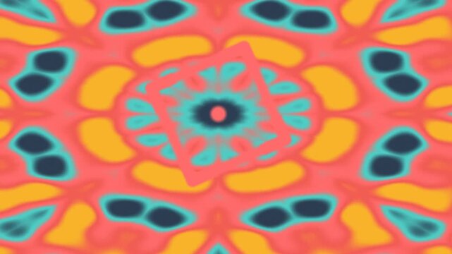 Colorful abstract kaleidoscope pattern with symmetrical organic shapes in pink, orange, and teal creating a hypnotic psychedelic background.