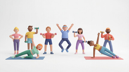 Obraz premium 3D cartoon fitness characters doing exercise on white there will be no writing on the picture