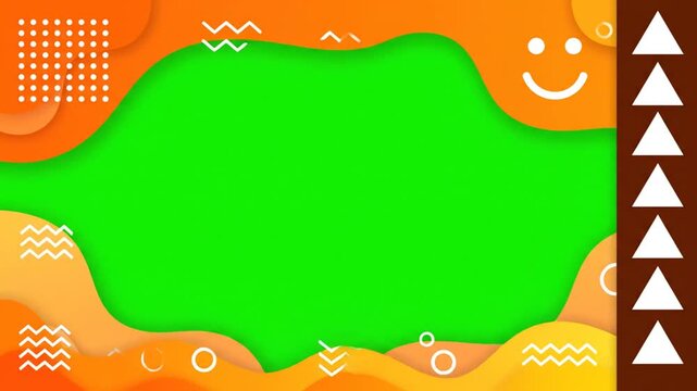 Vibrant green shape surrounded by orange, geometric patterns, and smiling face, abstract illustration, playful digital art, creative design elements.