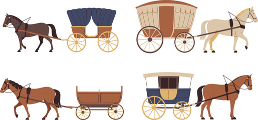 Horse drawn carriage illustrations set featuring vintage wagons, traditional transport vehicles, rural travel scenes, historic horse carts isolated on white background flat style collection © SreemotiArponaBala