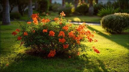 Fototapeta premium Vibrant Orange Trumpet Vine Bush Bathed in Golden Hour Sunlight.