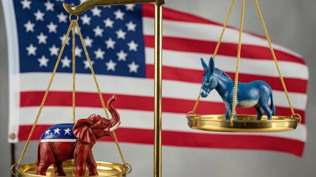 US Politics Balance Scale: Republican Elephant vs Democrat Donkey, American Flag Background