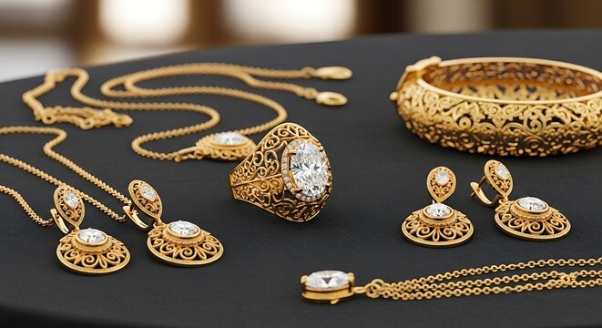 Assortment of ornate golden jewelry featuring diamond simulants is displayed on a dark surface