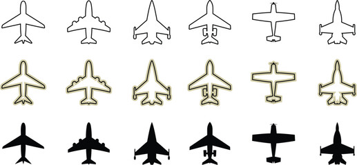 Airplane icon set with outline and solid aircraft silhouettes in multiple styles. Simple jet symbols for travel, aviation, or logistics design projects. Minimal plane collection isolated on white.