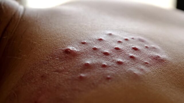 Close up of human skin with red allergic rash bumps