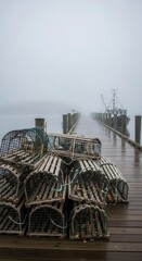 Fototapeta premium Stacked wooden seafood traps rest on a wet pier extending into dense fog where a fishing vessel waits