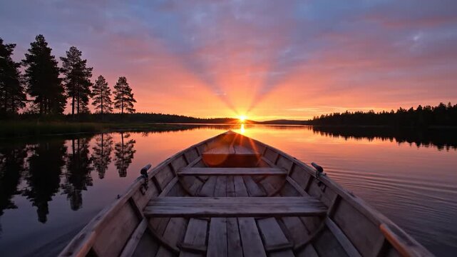 A small wooden boat floats on a calm lake during a vibrant sunset, reflecting