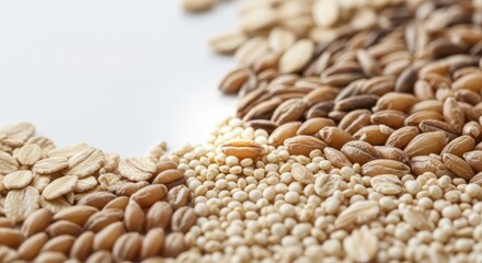 Obraz premium A macro shot of various healthy whole grains including oats, quinoa, barley, and rye, symbolizing nutritious, unprocessed food choices, agriculture, buckwheat, barley