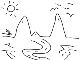 Fototapeta premium Minimalist landscape line art illustration featuring mountains, a winding road, sun, and birds. Simple hand-drawn doodle style, perfect for kids' coloring pages or modern rustic decor.