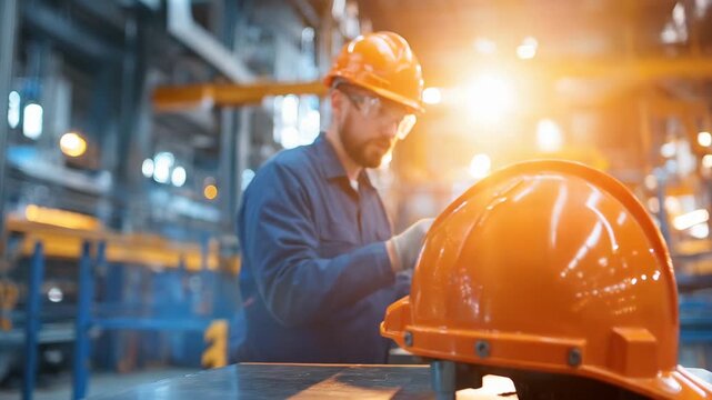 Industrial Worker in Factory Safety Helmet and Machinery Focus in Brightly Lit Environment with Metal Structures and Productivity Emphasis