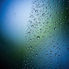 Close up macro view of tiny water droplets forming due to condensation on a clear glass surface, illustrating humidity and moisture, structure, texture, cold