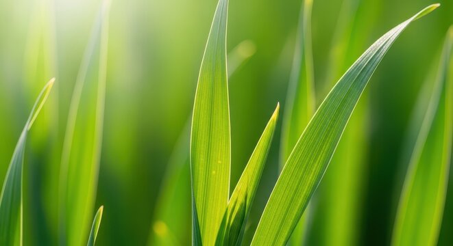 Close up macro shot of vibrant green oat leaves growing in a sunny field, symbolizing fresh nutrition and springtime agriculture, fresh, growth, young