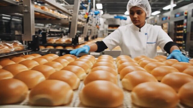Freshly baked bread rolls moving along an automated conveyor belt in a large