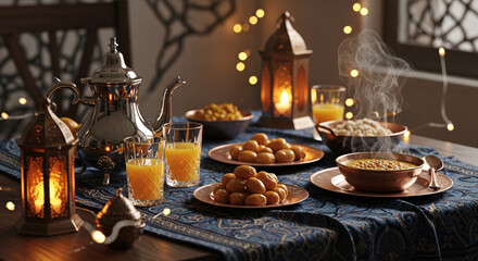 Ramadan Iftar table with dates soup juice and glowing Moroccan lanterns