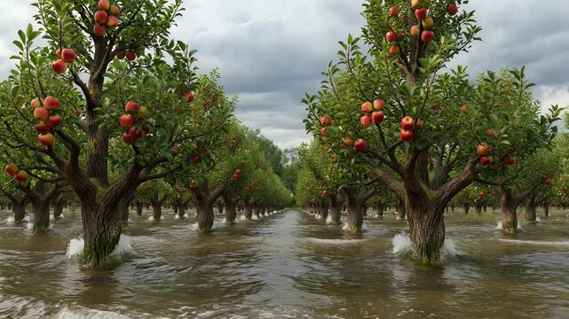 Flooded apple orchard trees under stormy skies.