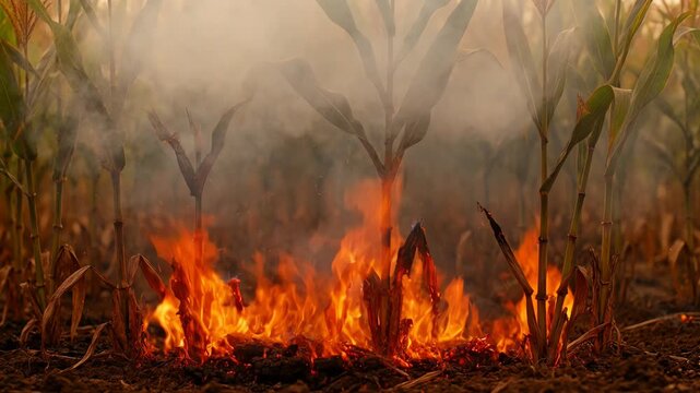 Raging flames sweep through dry crop field with heavy smoke.