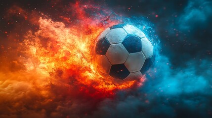 Fototapeta premium Soccer ball with fiery orange and icy blue energy explosion football fire photo