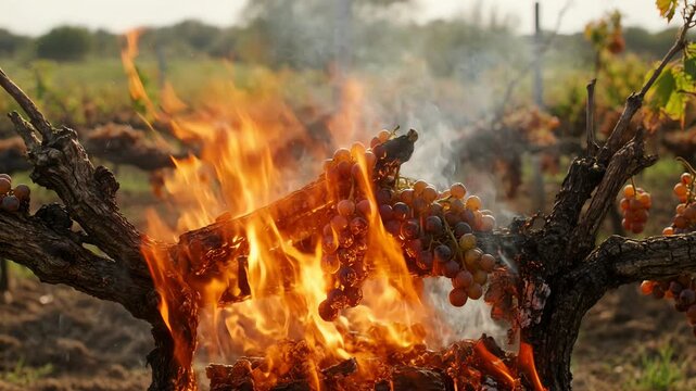 Vineyard bonfire burning pruned grapevines with thick smoke.