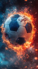 Fototapeta premium Soccer ball with water droplets surrounded by fire football sport photo