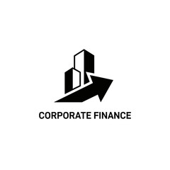 Corporate Finance Business Growth Logo with Buildings and Upward Arrow Icon