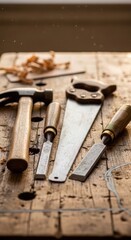 Collection of antique woodworking implements rests upon a textured workbench surface illuminated by warm light.