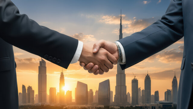 Business Handshake Over Dubai Skyline at Sunset Partnership and Global Collaboration