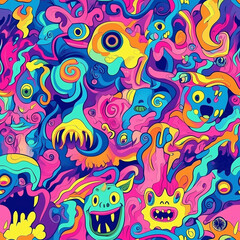 Fototapeta premium Colorful psychedelic seamless pattern featuring abstract monster shapes and surreal eye motifs