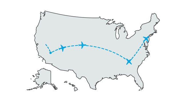 A graphic illustration depicting airplane routes across the United States, showing travel from coast to coast