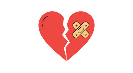 Symbolic illustration of a broken red heart mended with a bandage, representing emotional healing, recovery from pain, and the resilience of love after heartbreak