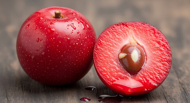 Chinese bayberry whole fruit next to half cut showing ruby red flesh and juicy interior