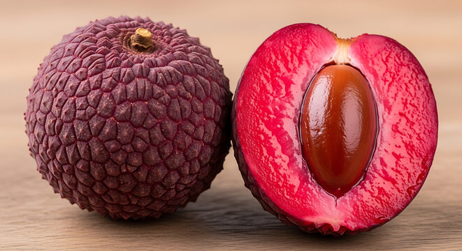 Chinese bayberry whole fruit next to half cut showing ruby red flesh and juicy interior