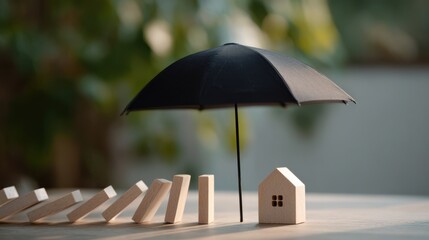 A black umbrella stands upright, preventing falling domino pieces from toppling over beside a small wooden house model. This setup illustrates risk protection and home insurance