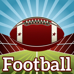 Obraz premium Dynamic football stadium illustration with a large American football against a vibrant sky and bold text.