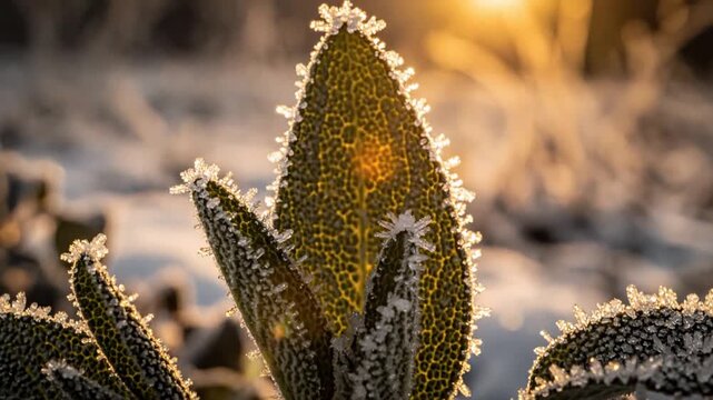 Frost covered succulent leaves in winter sunlight, crisp macro nature detail for seasonal backgrounds and ecology themes, calm golden hour mood near Christmas