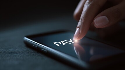 A finger is tapping the pay button on a smartphone screen. The background is dark and blurred, highlighting the action of making a secure online payment