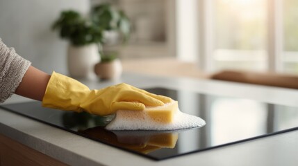 A hand wearing a yellow cleaning glove wipes a glass cooktop with a sponge and soap foam. This scene takes place in a modern kitchen filled with daylight